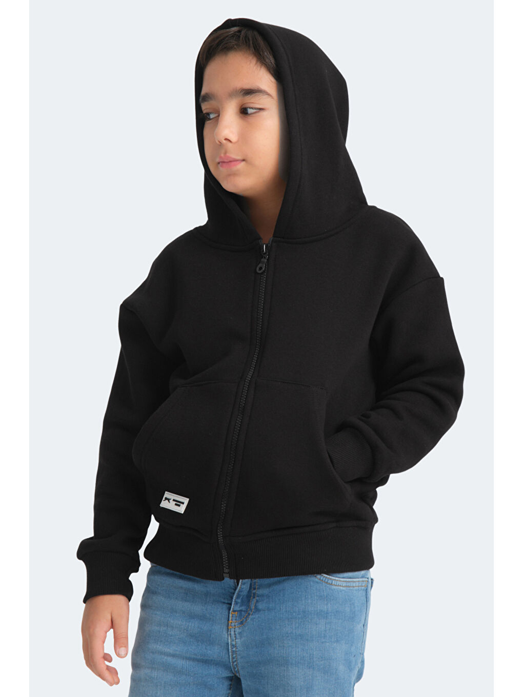 LEKAN Unisex Çocuk Fermuarlı Kapüşonlu Cepli Siyah Sweatshirt-2