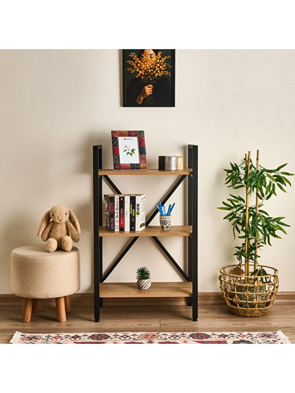 Kahverengi Athena 3 Raflı Metal Kitaplık - Sepet