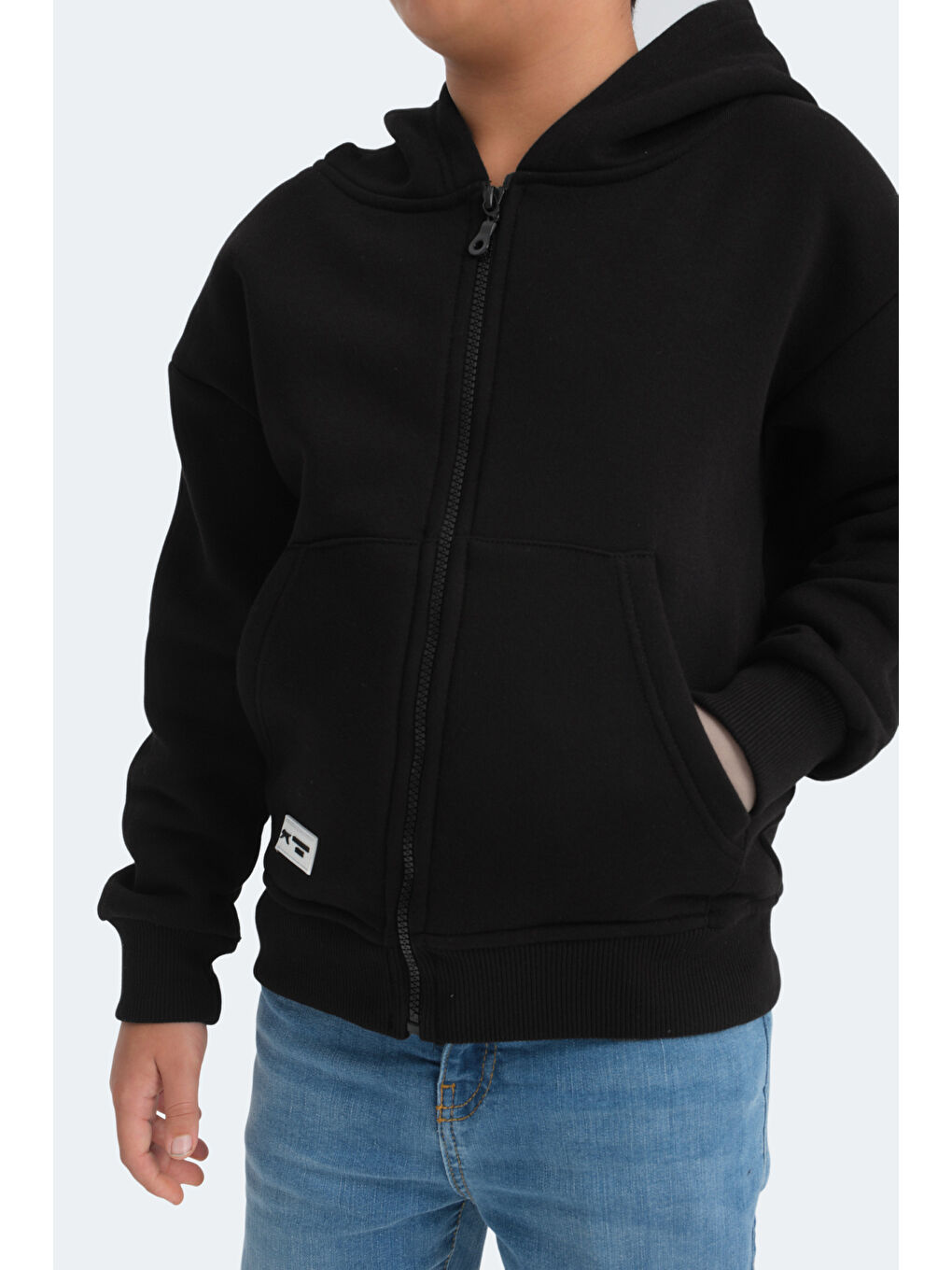 LEKAN Unisex Çocuk Fermuarlı Kapüşonlu Cepli Siyah Sweatshirt-5