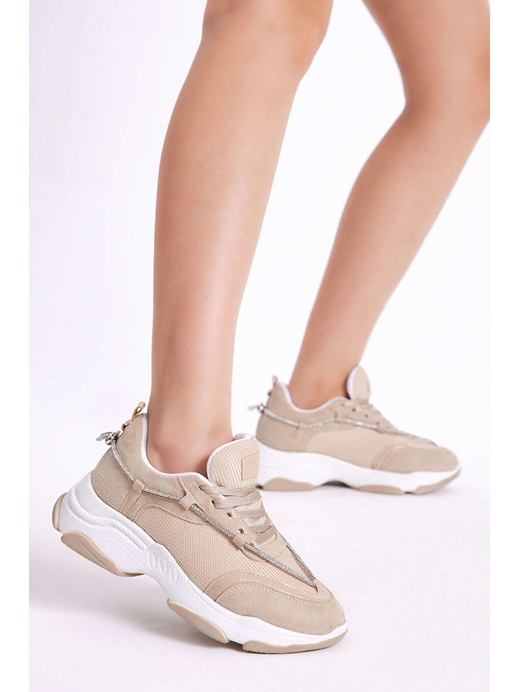 Kadın Bej Taş Şeritl Bağcıklı Sneaker