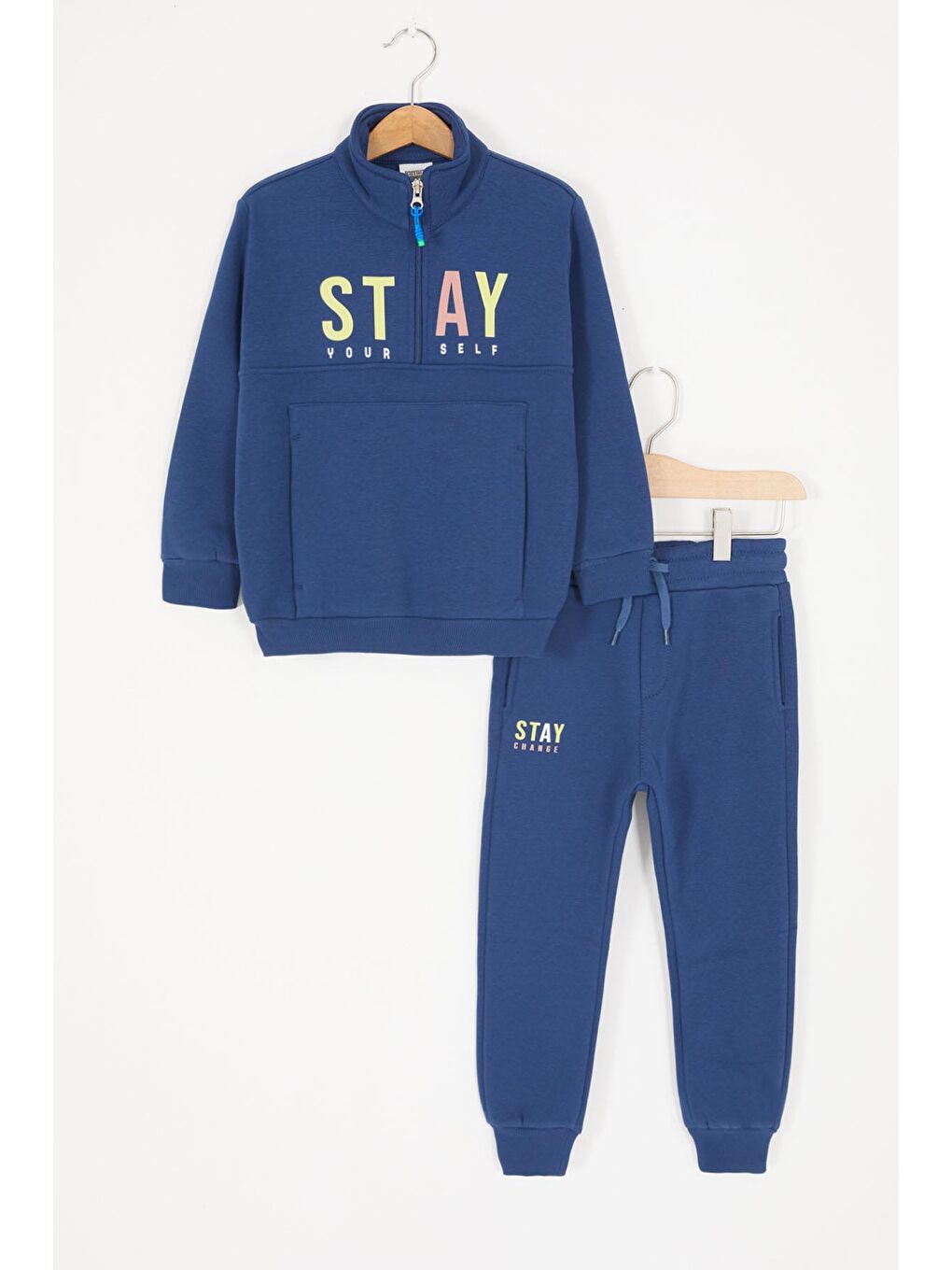 Mavi Kanguru Cepli Fermuar Yakalı Erkek Çocuk Şardonlu Eşofman Takımı 16967