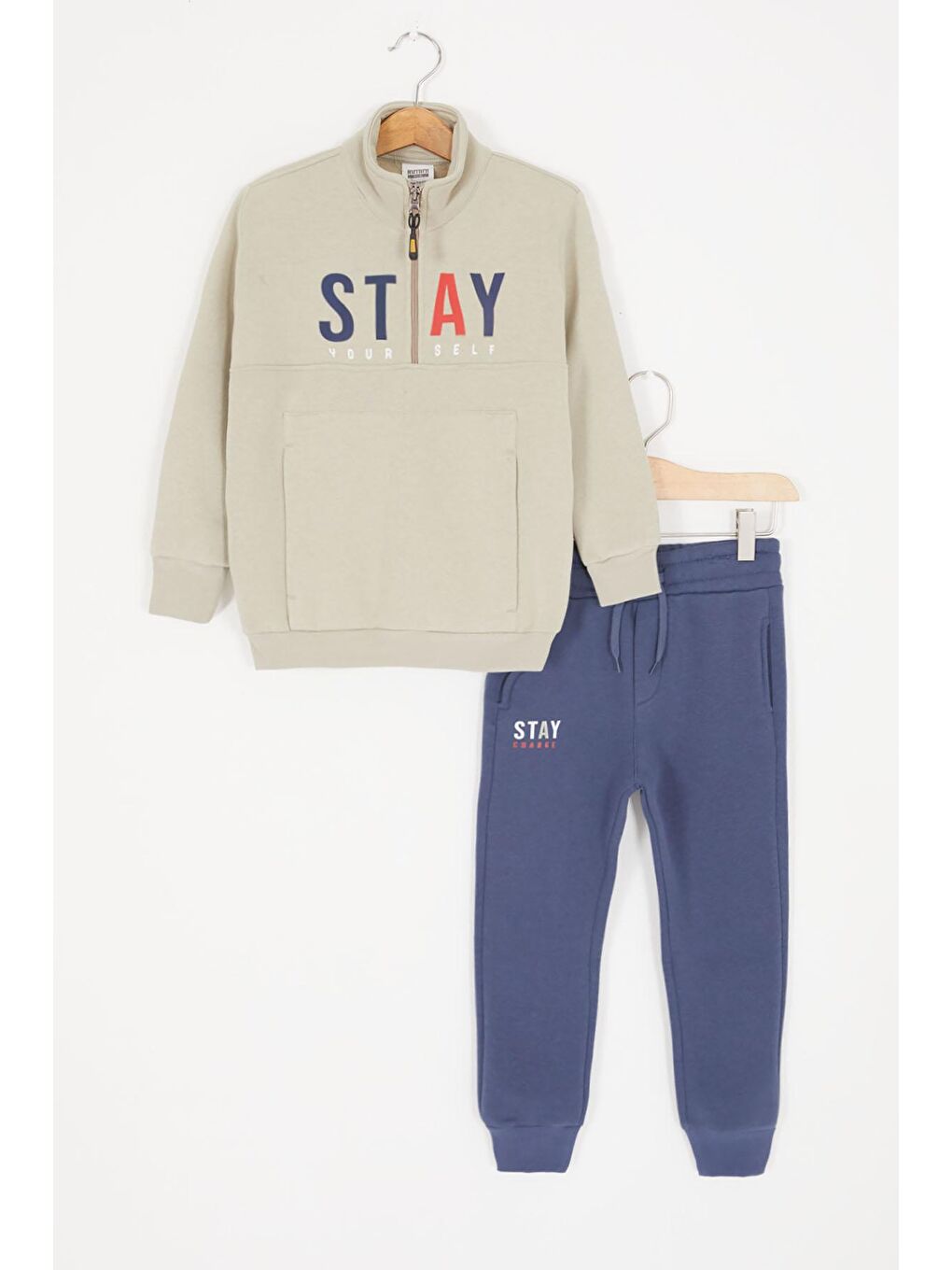 Gri Kanguru Cepli Fermuar Yakalı Erkek Çocuk Şardonlu Eşofman Takımı 16966