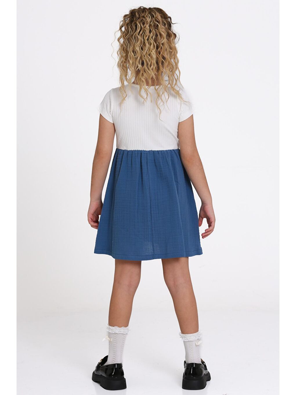 Kız Çocuk İndigo Müslin Fitilli 1-5 Yaş Elbise - 2474-2-1