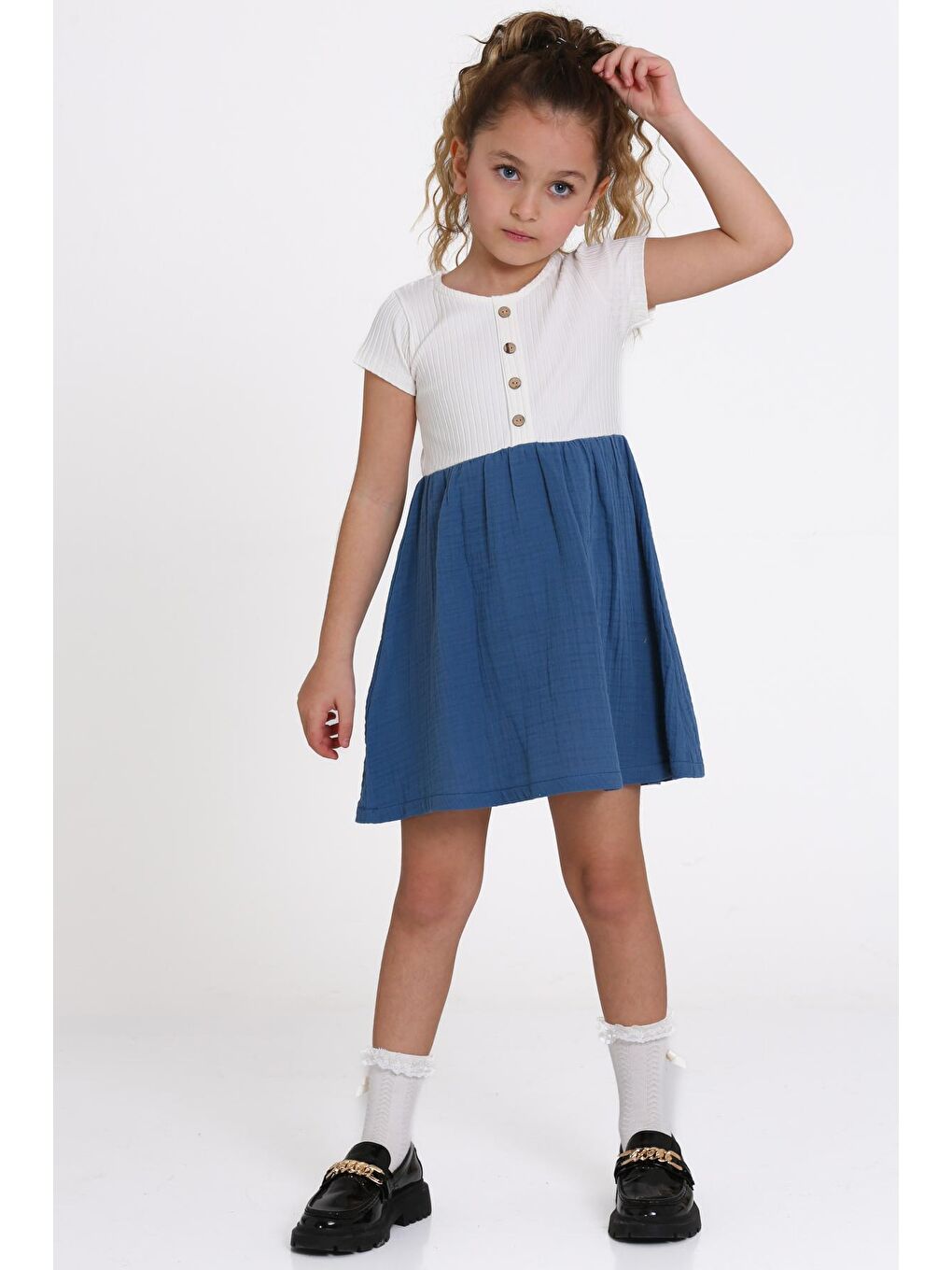 Kız Çocuk İndigo Müslin Fitilli 1-5 Yaş Elbise - 2474-2-2