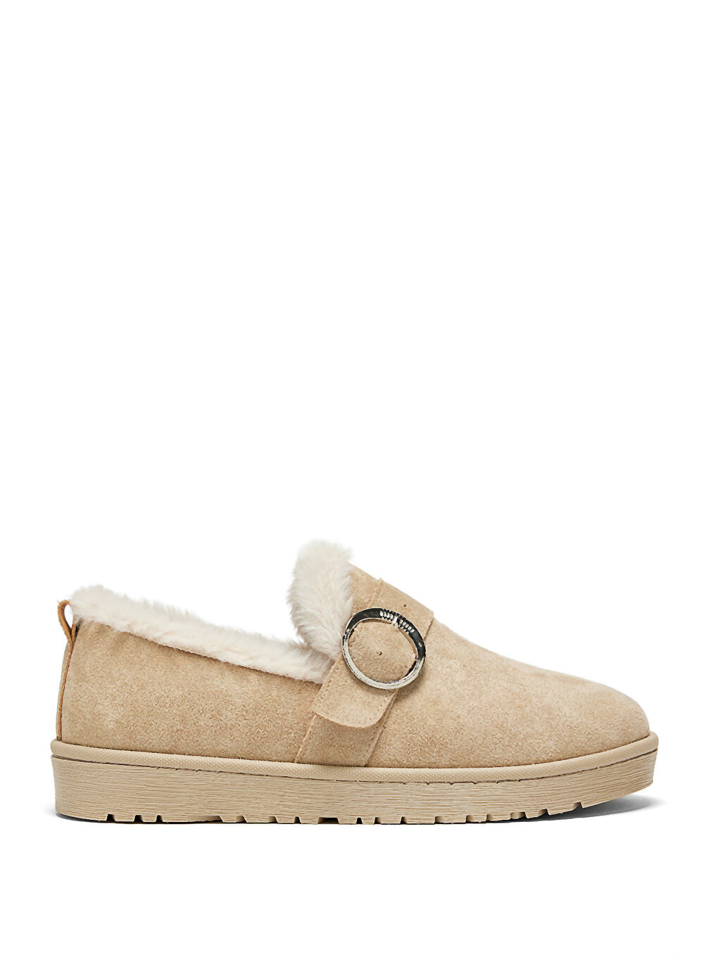 Kadın Bej Süet Rahat Kalıp İçi Kürklü Tokalı Kısa Bot-3