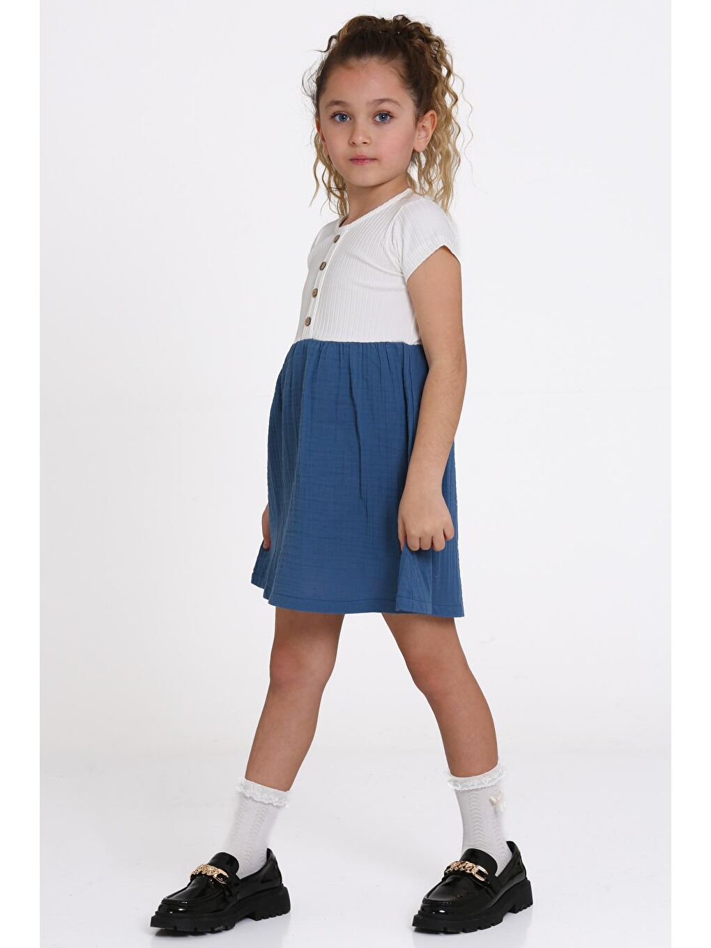 Kız Çocuk İndigo Müslin Fitilli 1-5 Yaş Elbise - 2474-2-3