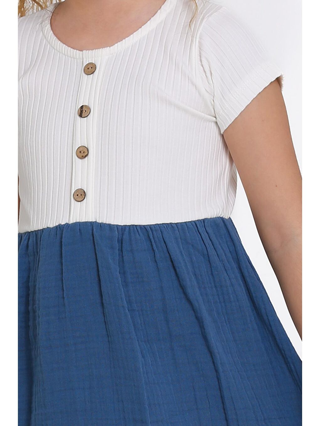 Kız Çocuk İndigo Müslin Fitilli 1-5 Yaş Elbise - 2474-2-4