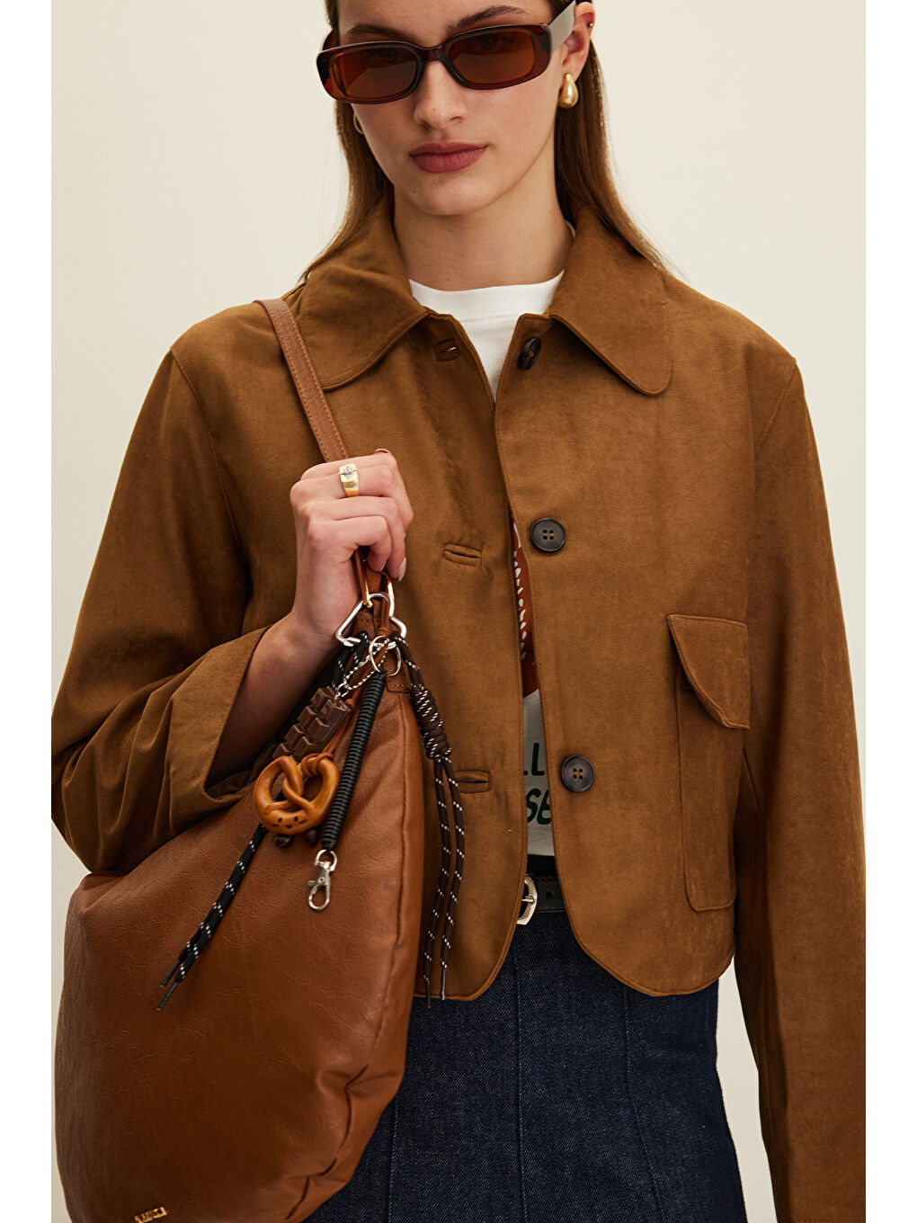 Kahverengi Suni Süet Kısa Ceket Camel