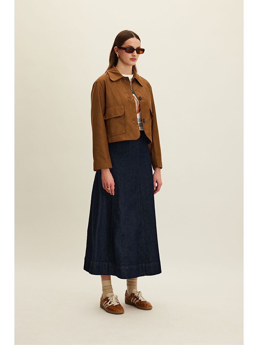 Kahverengi Suni Süet Kısa Ceket Camel-3