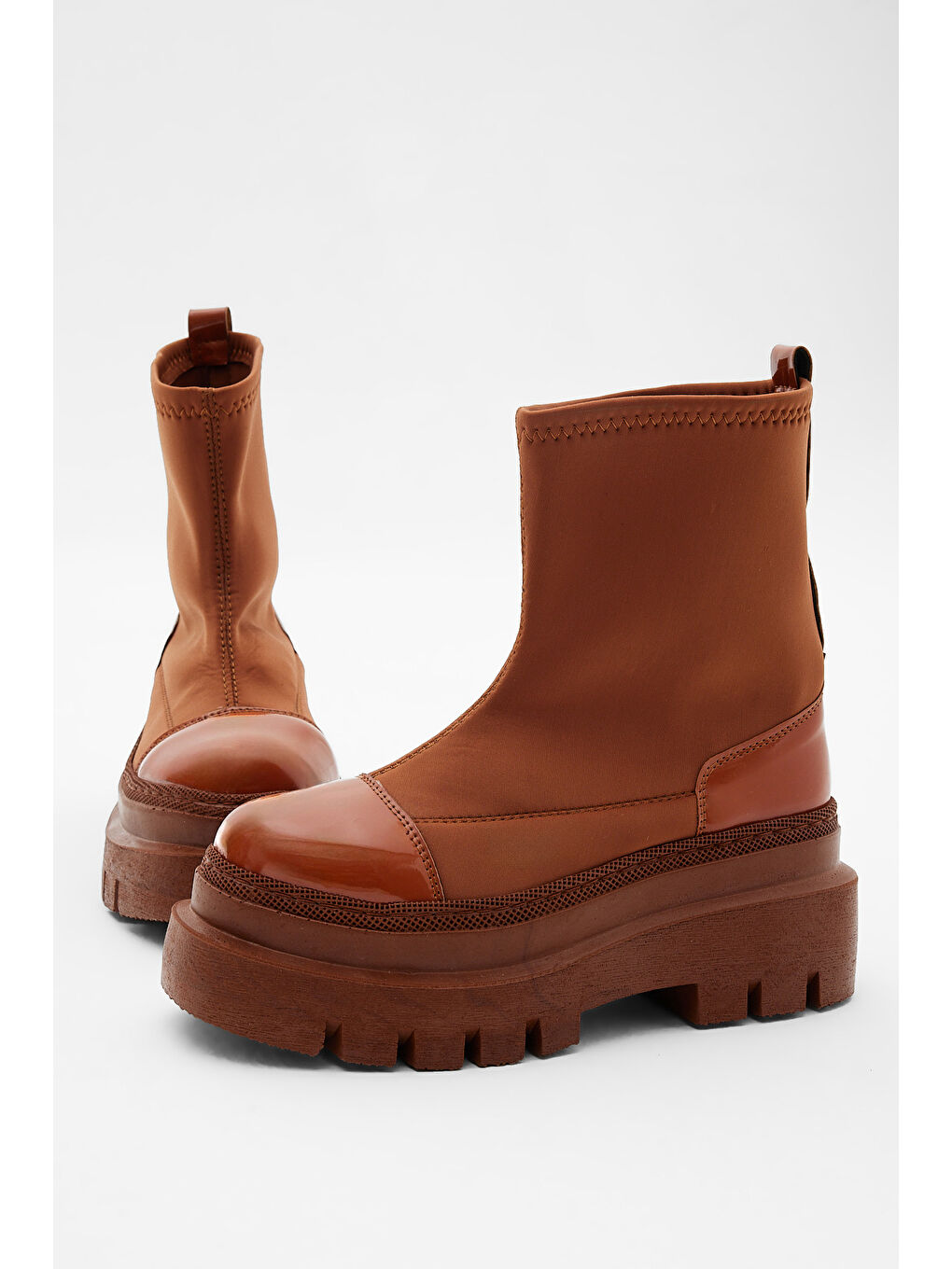 Kahverengi Kadın Taba Rugan Rahat Kalıp Yüksek Taban Streç Çorap Bot-1