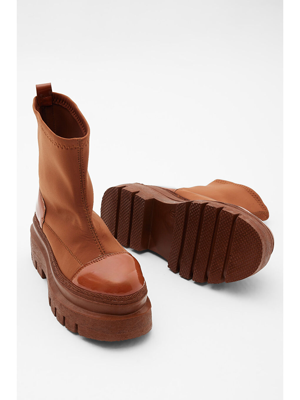 Kahverengi Kadın Taba Rugan Rahat Kalıp Yüksek Taban Streç Çorap Bot-2