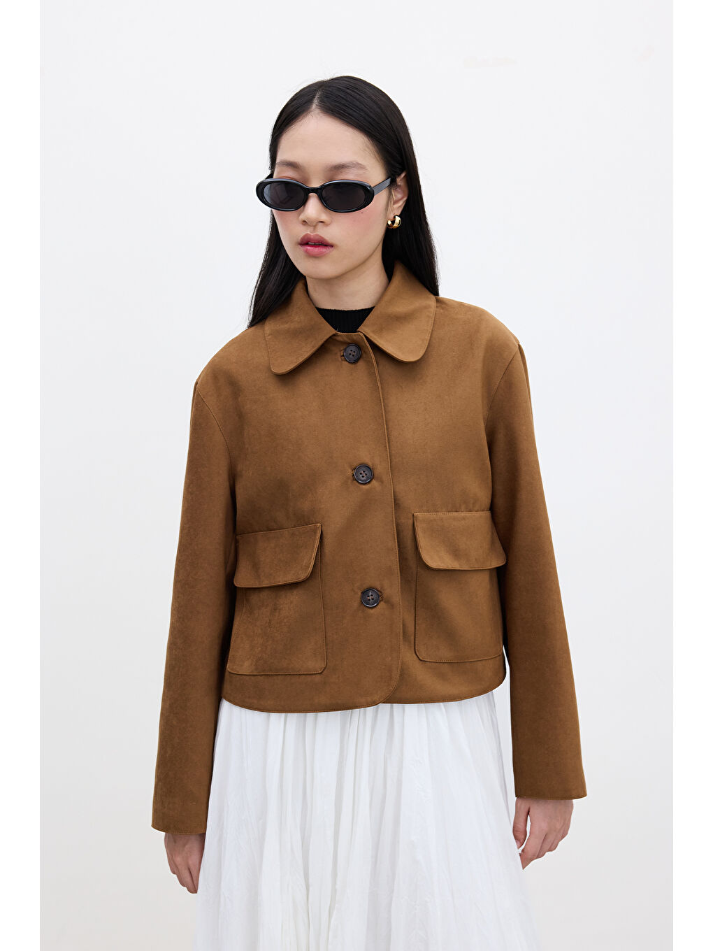 Kahverengi Suni Süet Kısa Ceket Camel-5