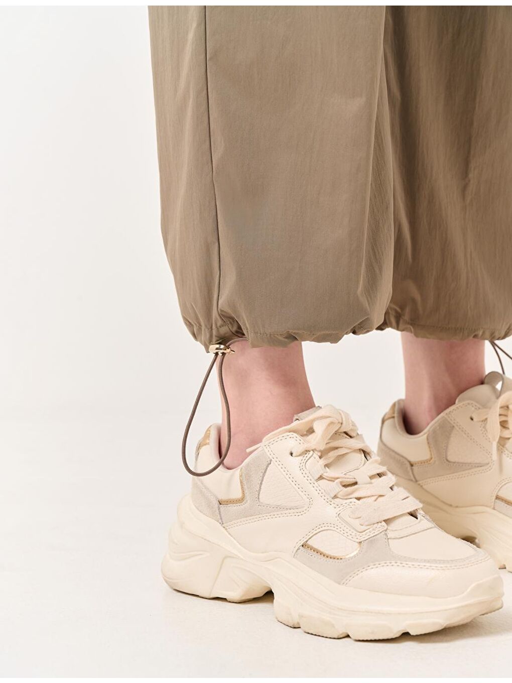 Haki Yüksek Bel Cepli Paraşüt Pantolon-3