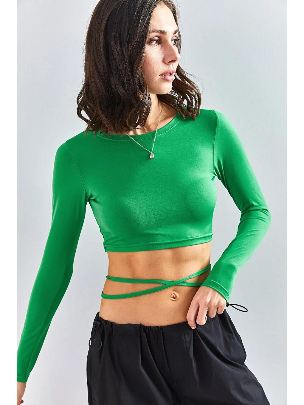 Yeşil Kadın Bel Çapraz Bağlamalı Bluz-1