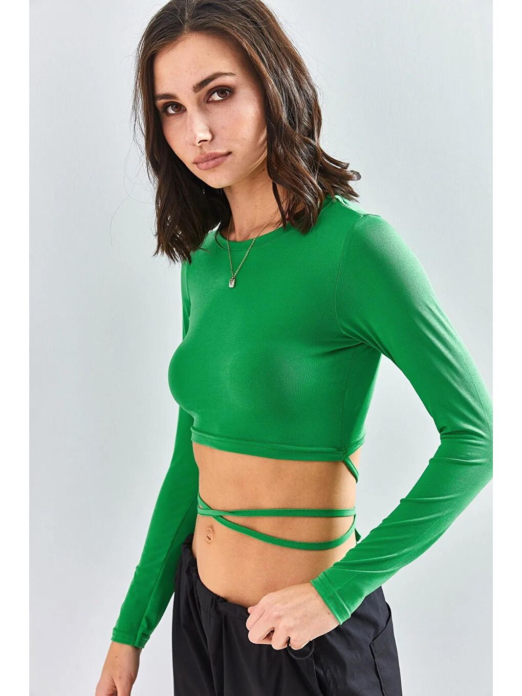 Yeşil Kadın Bel Çapraz Bağlamalı Bluz-2