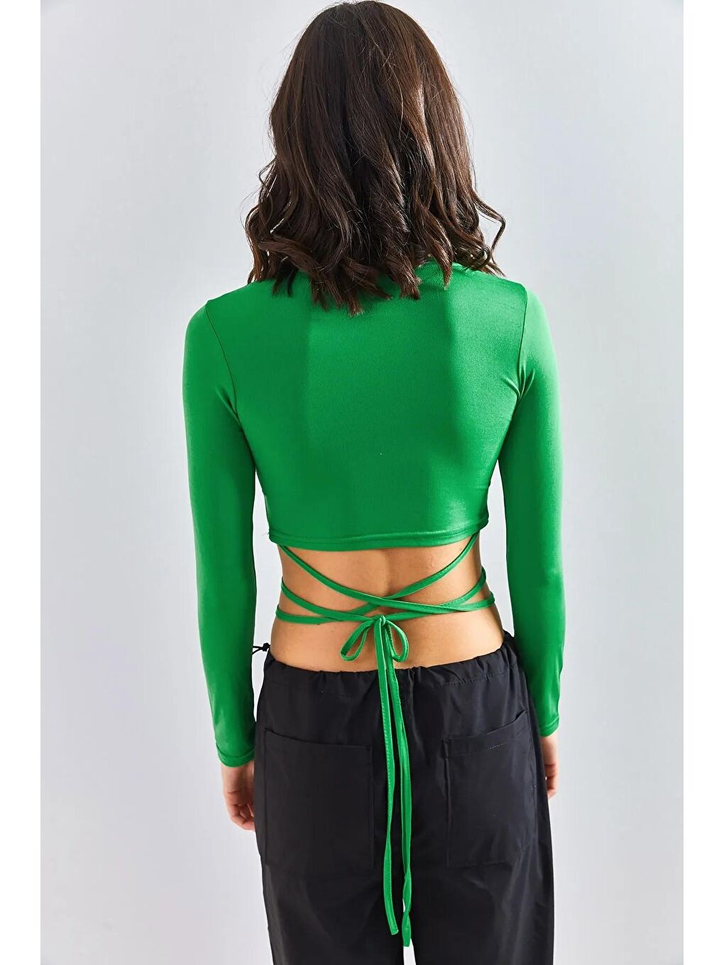 Yeşil Kadın Bel Çapraz Bağlamalı Bluz-3