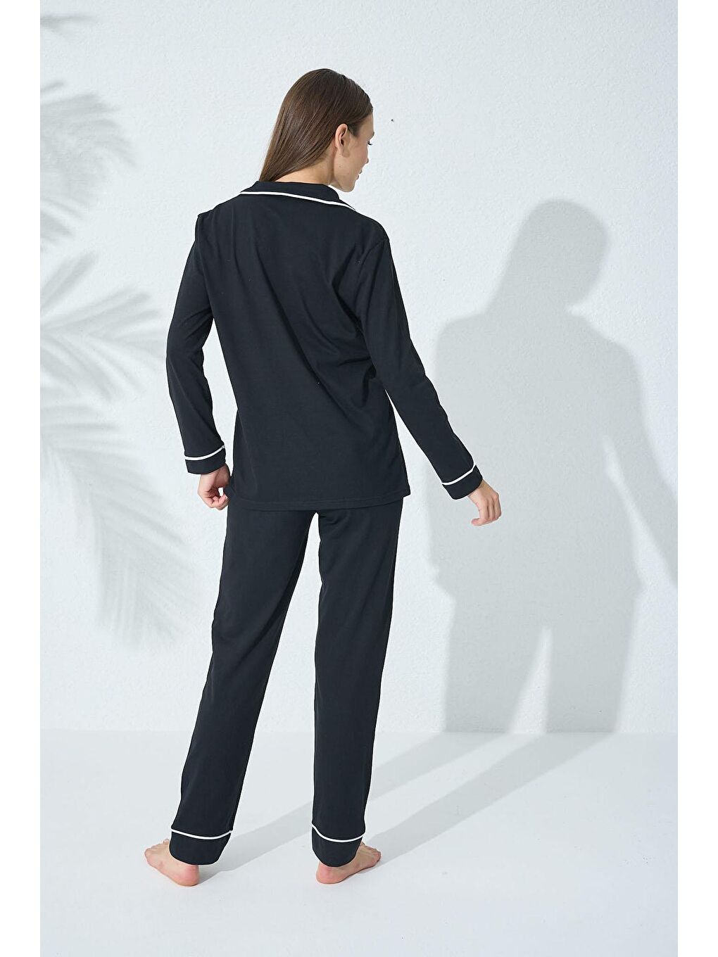 Siyah Pamuklu Düğmeli Biyeli Pijama Takım-3