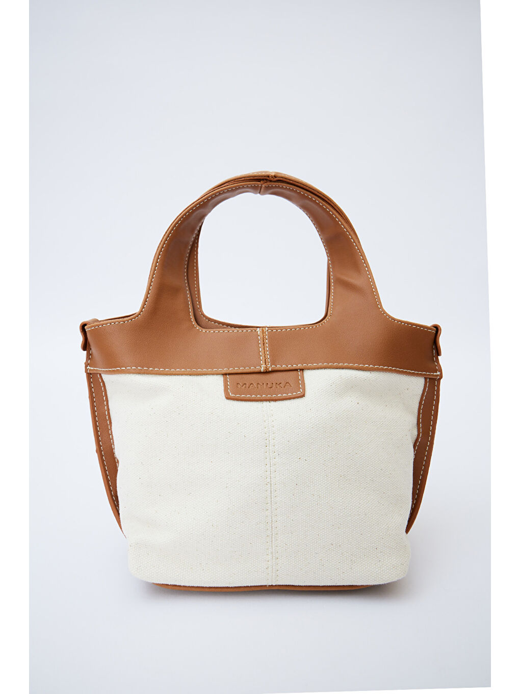 Kahverengi Deri Saplı Mini Kanvas Çanta Camel