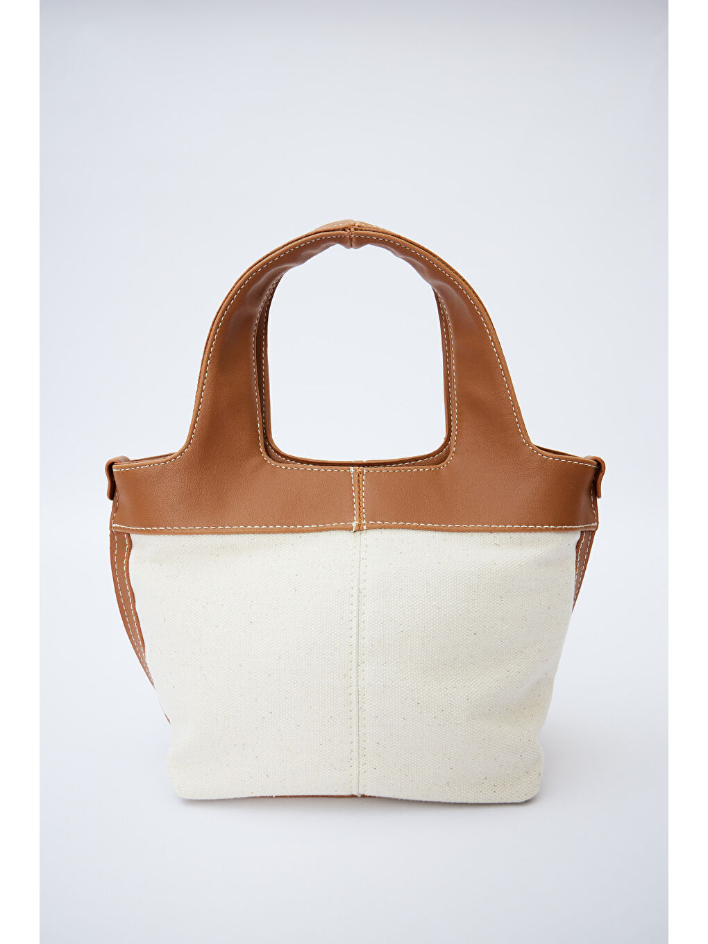 Kahverengi Deri Saplı Mini Kanvas Çanta Camel-1