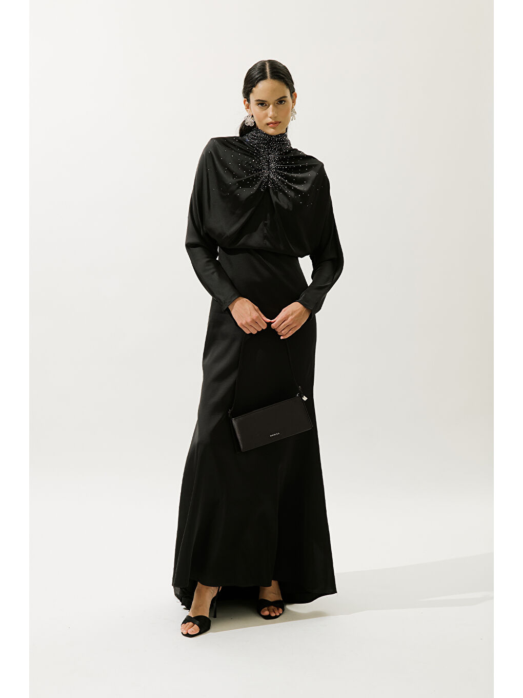 L'amour Taşlı Abiye Elbise Siyah-1