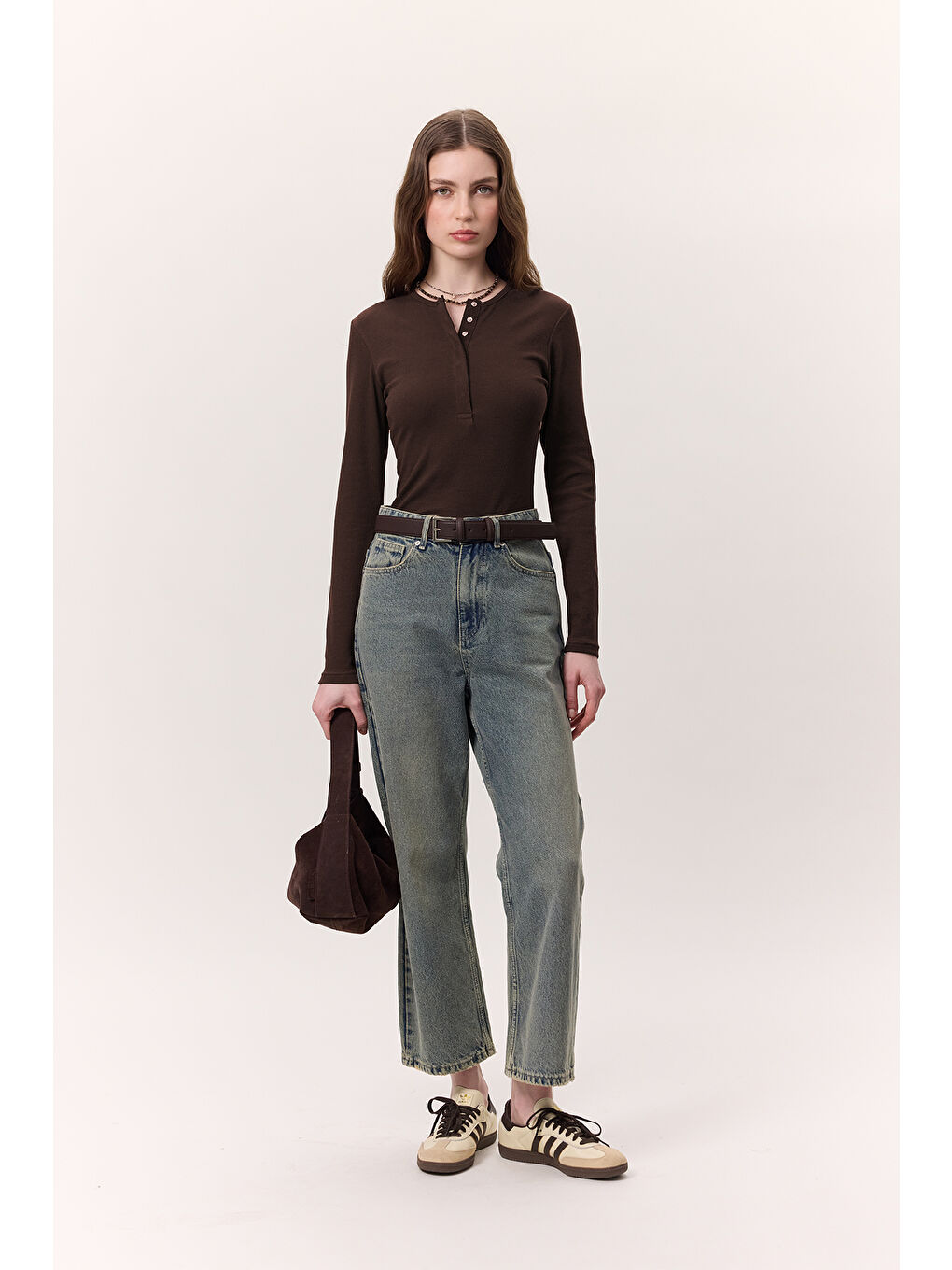 Kahverengi Uzun Kollu Yakası Çıtçıtlı Body Acı Kahve-5