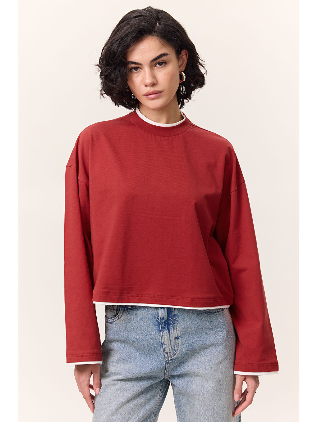 Kontrast Renkli Uzun Kollu Tshırt Kırmızı