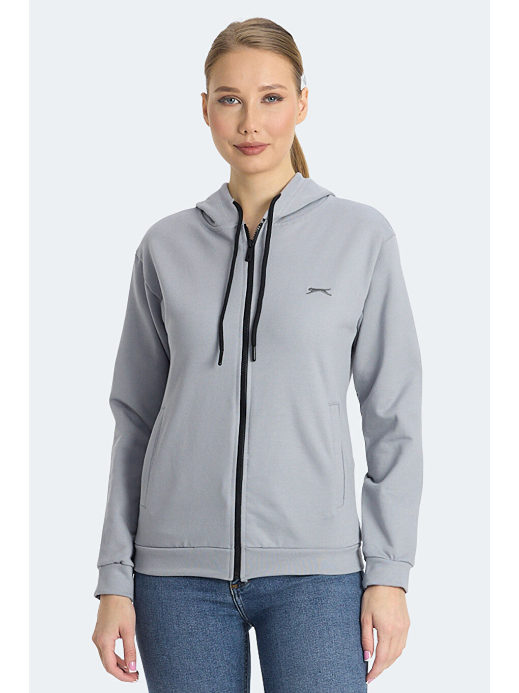 KINET IN Kadın Fermuarlı Kapüşonlu Cepli Gri Sweatshırt