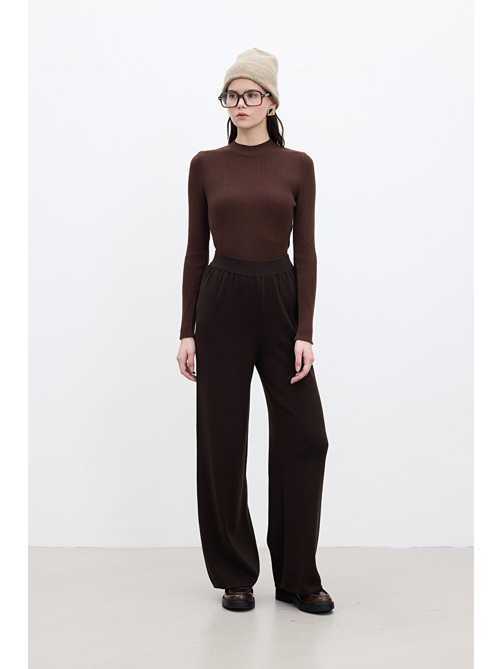 Düz Paça Triko Pantolon Kahverengi-1