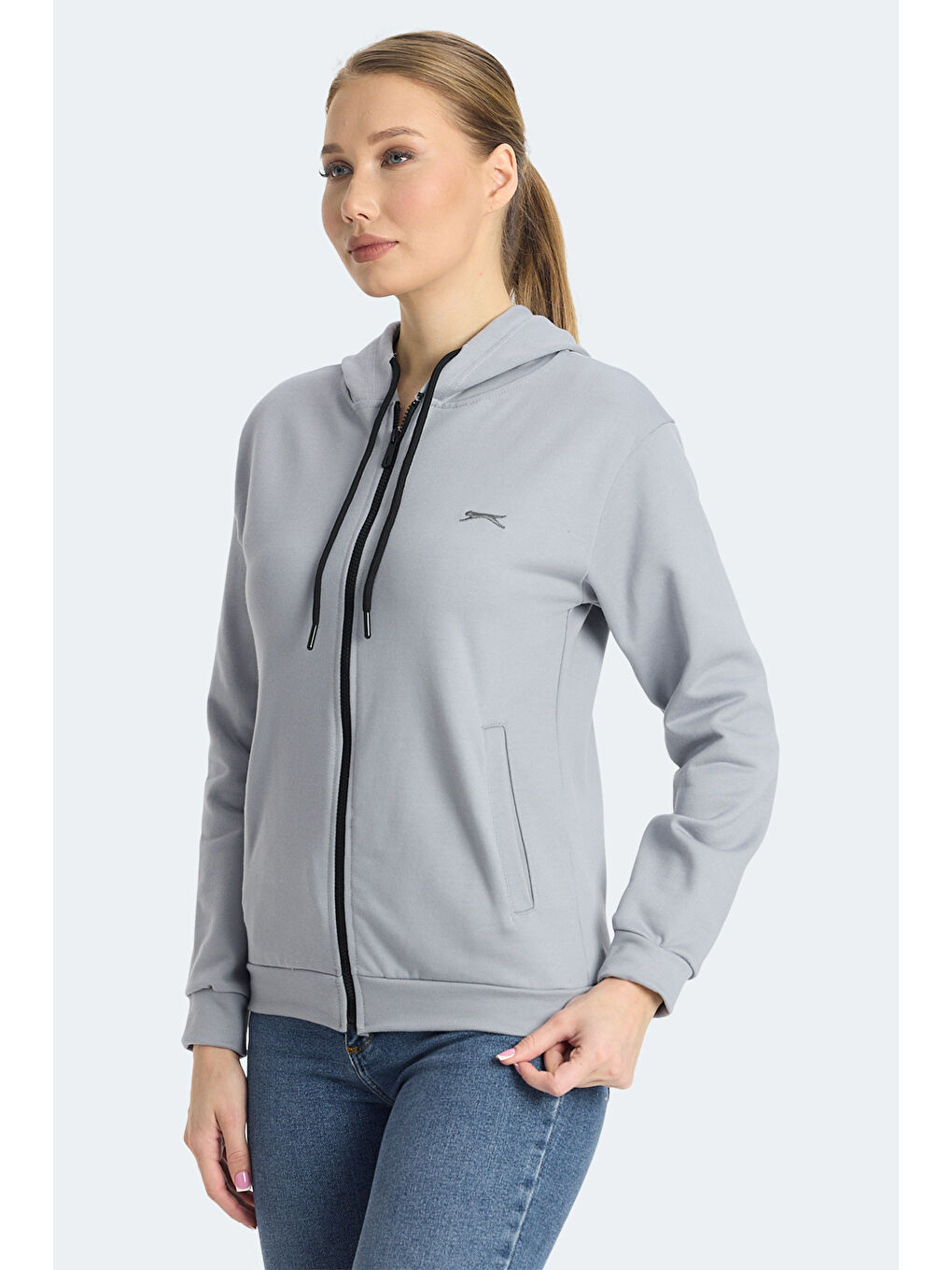 KINET IN Kadın Fermuarlı Kapüşonlu Cepli Gri Sweatshırt-2