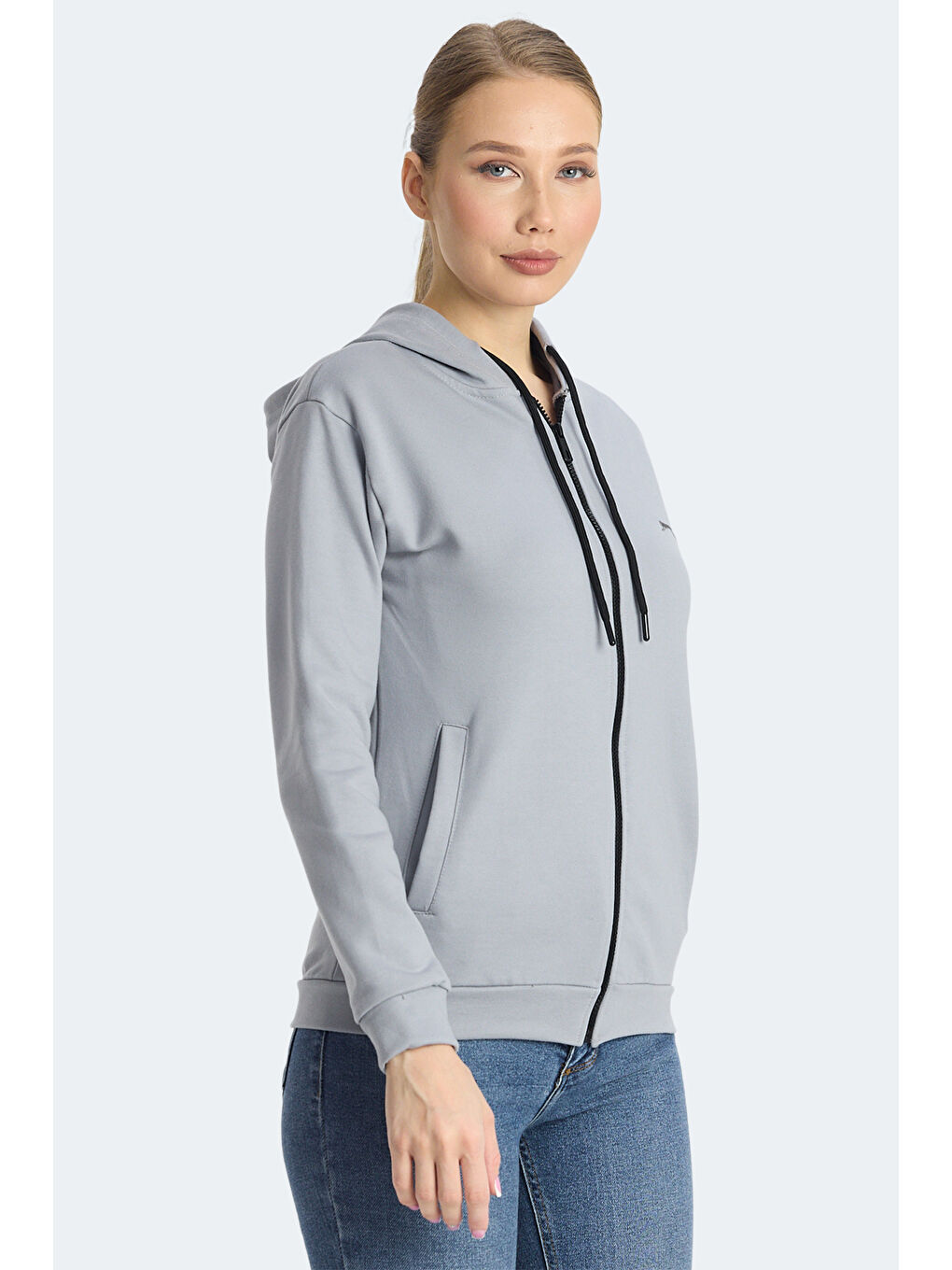 KINET IN Kadın Fermuarlı Kapüşonlu Cepli Gri Sweatshırt-3
