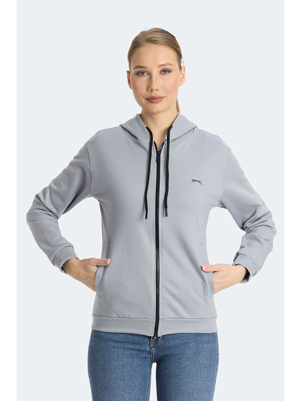 KINET IN Kadın Fermuarlı Kapüşonlu Cepli Gri Sweatshırt-5