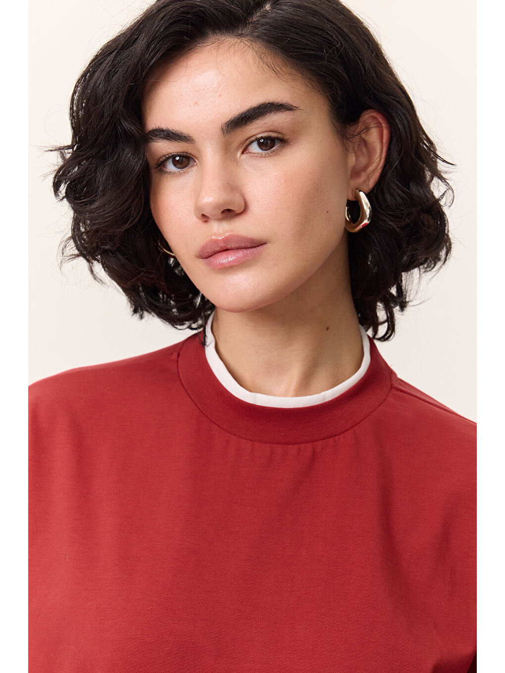 Kontrast Renkli Uzun Kollu Tshırt Kırmızı-1