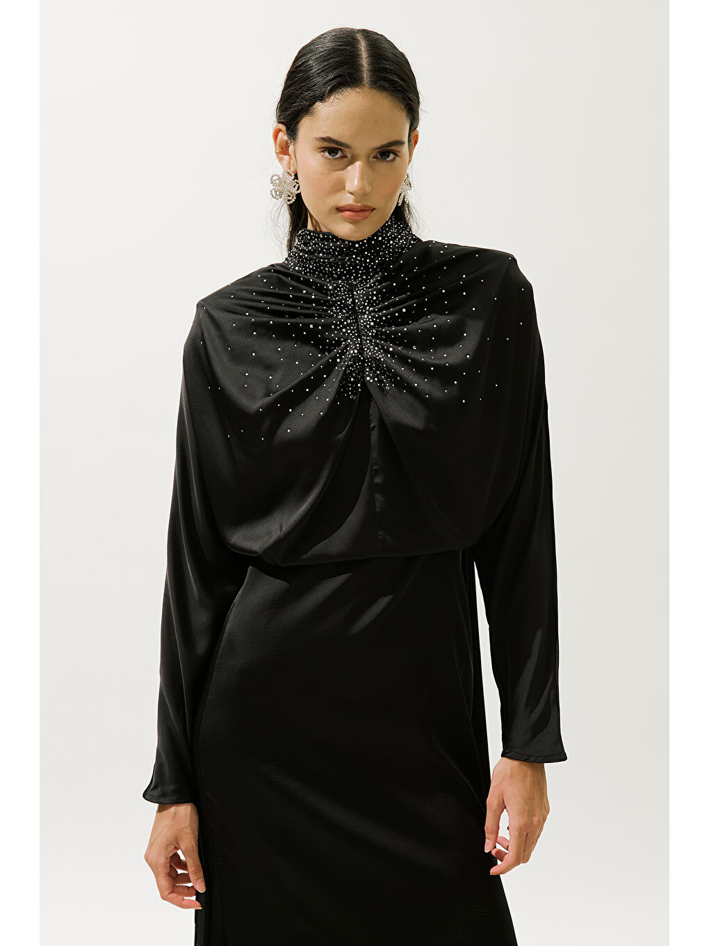 L'amour Taşlı Abiye Elbise Siyah-5