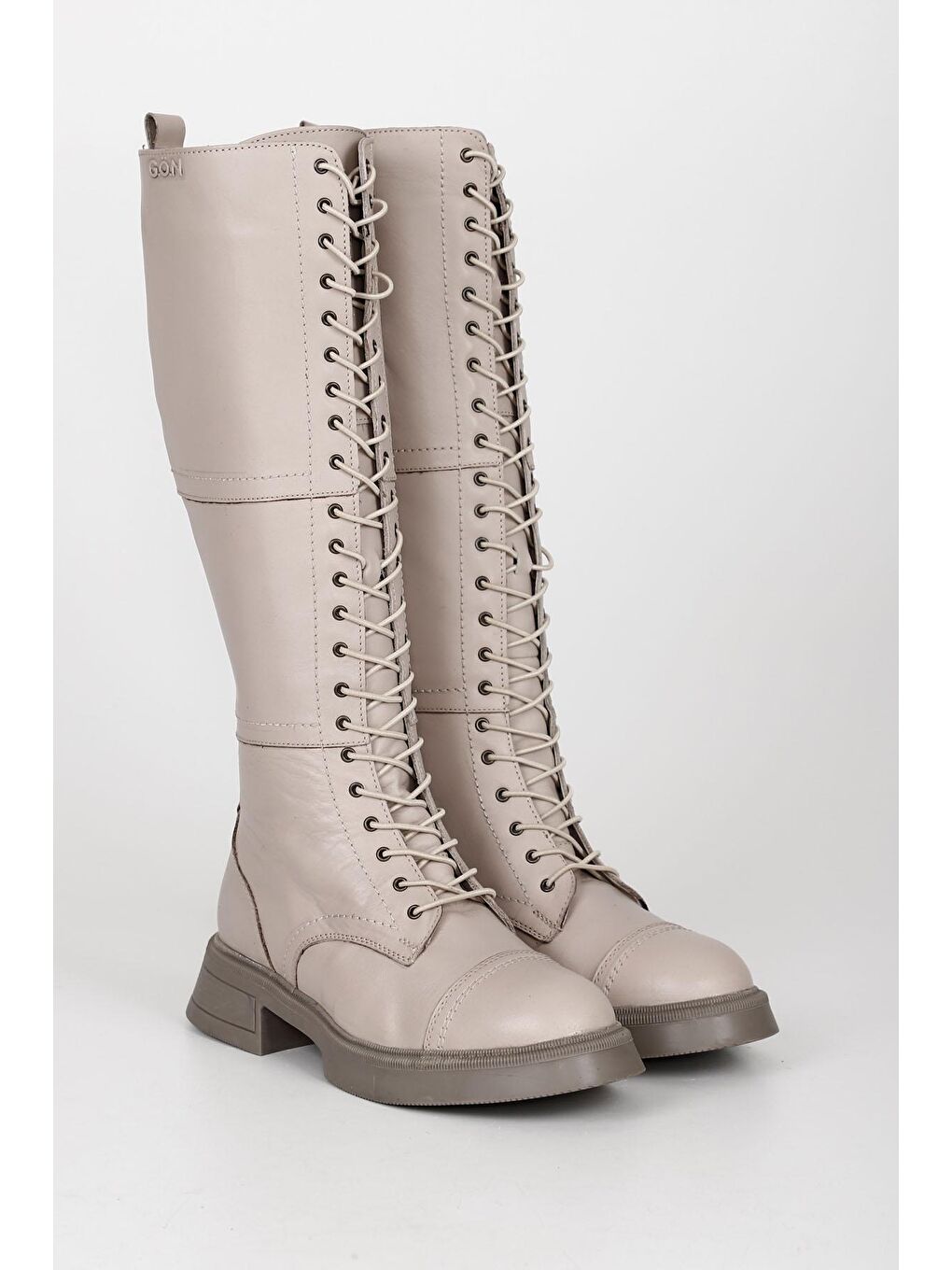 Bej Hakiki Deri Yuvarlak BurunTopuklu Bağcıklı Kadın Günlük Çizme 44597