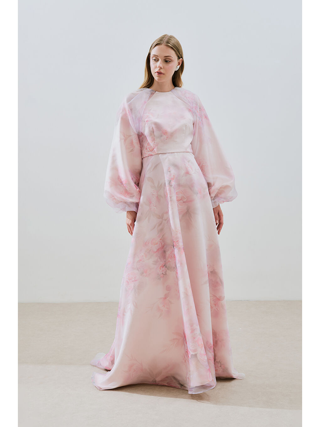 Pembe Ulla Desenli Organze Abiye Elbise Pudra-1