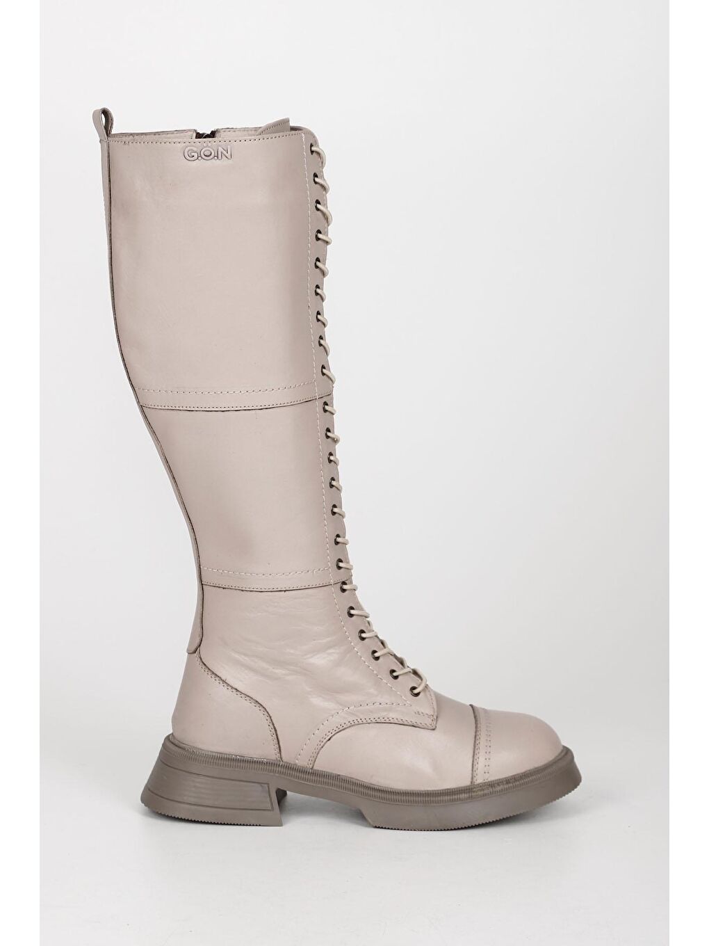 Bej Hakiki Deri Yuvarlak BurunTopuklu Bağcıklı Kadın Günlük Çizme 44597-1