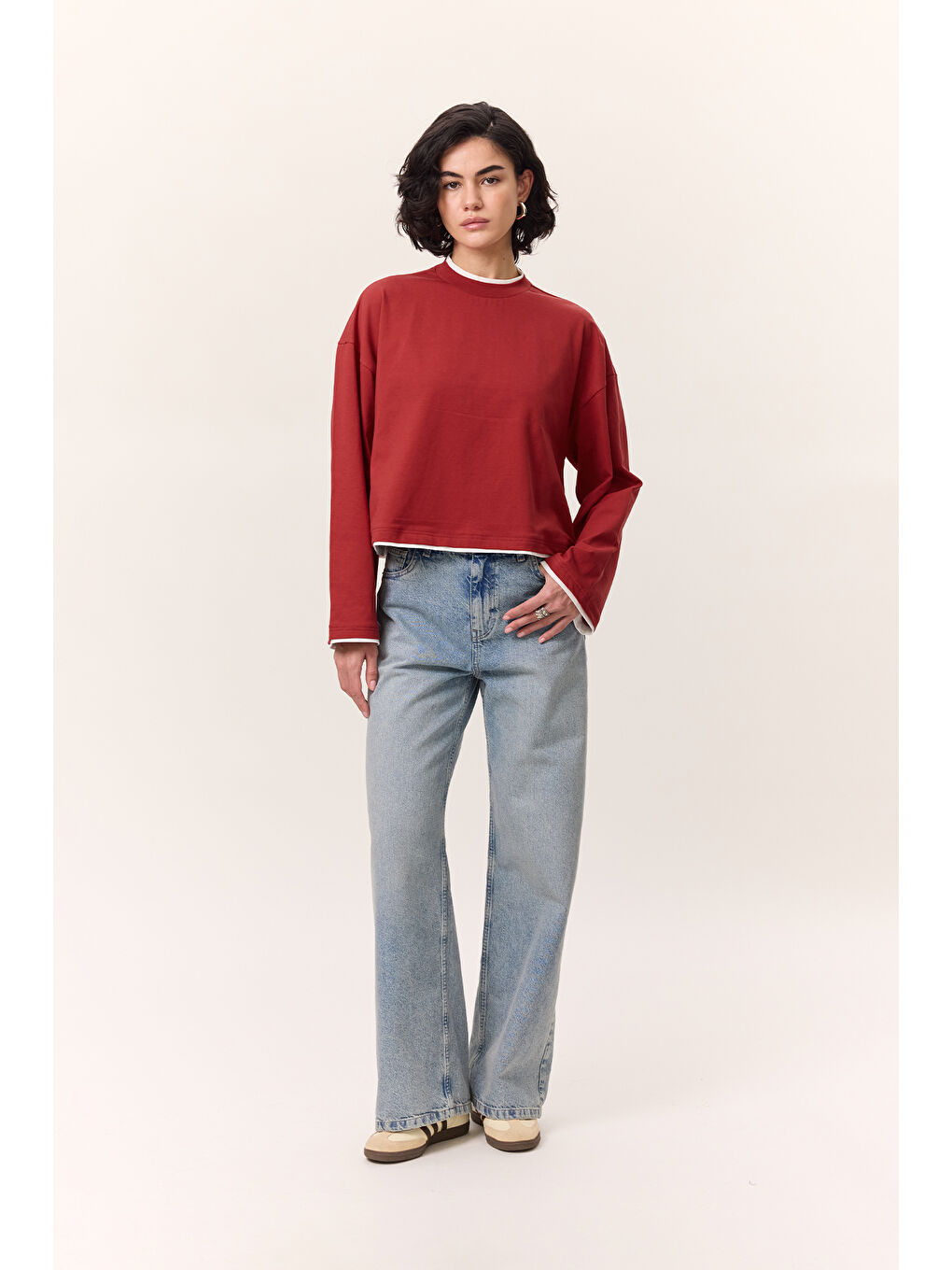 Kontrast Renkli Uzun Kollu Tshırt Kırmızı-2