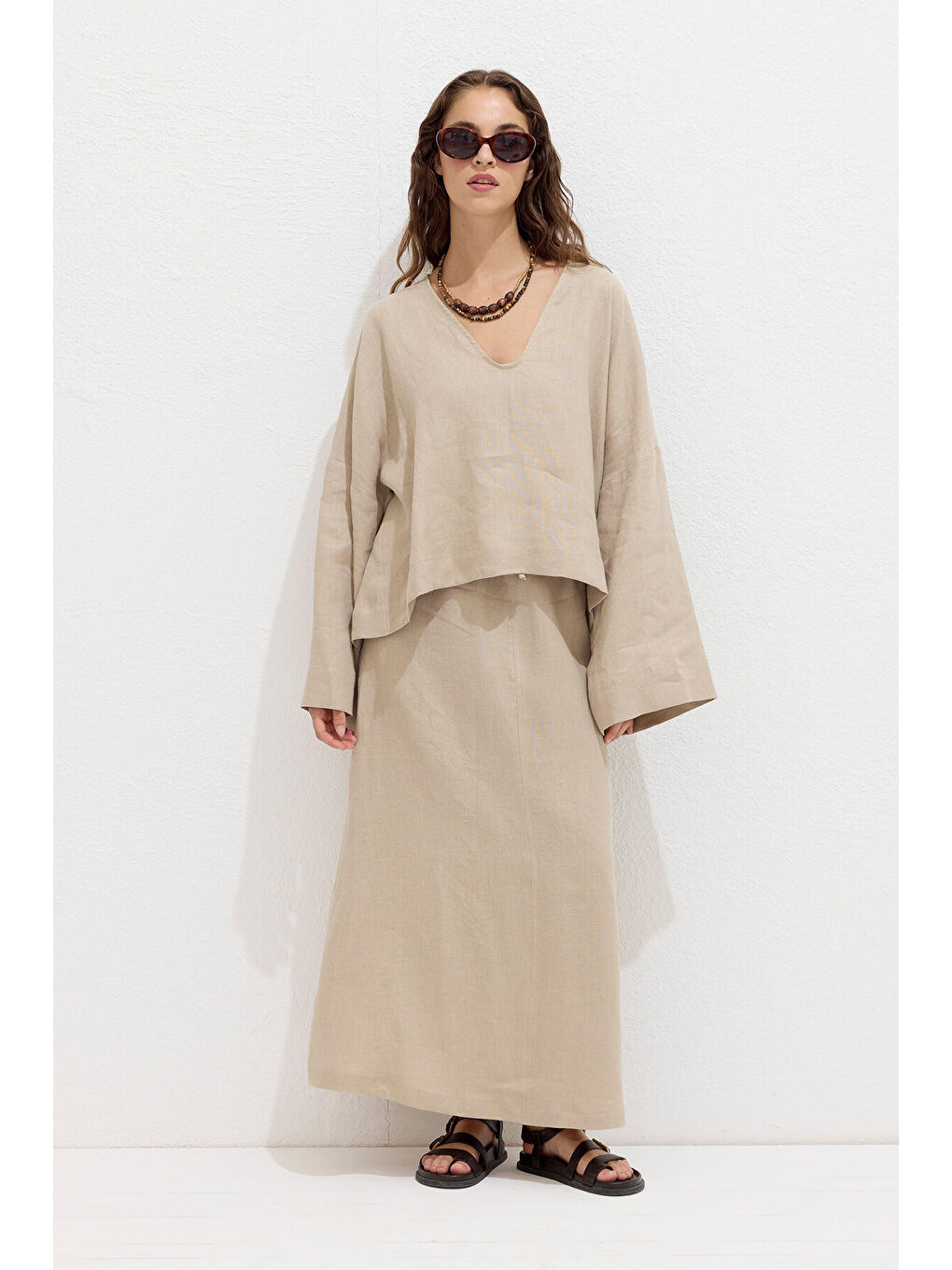 Bej Premıum V Yaka Keten Bluz Kum-1