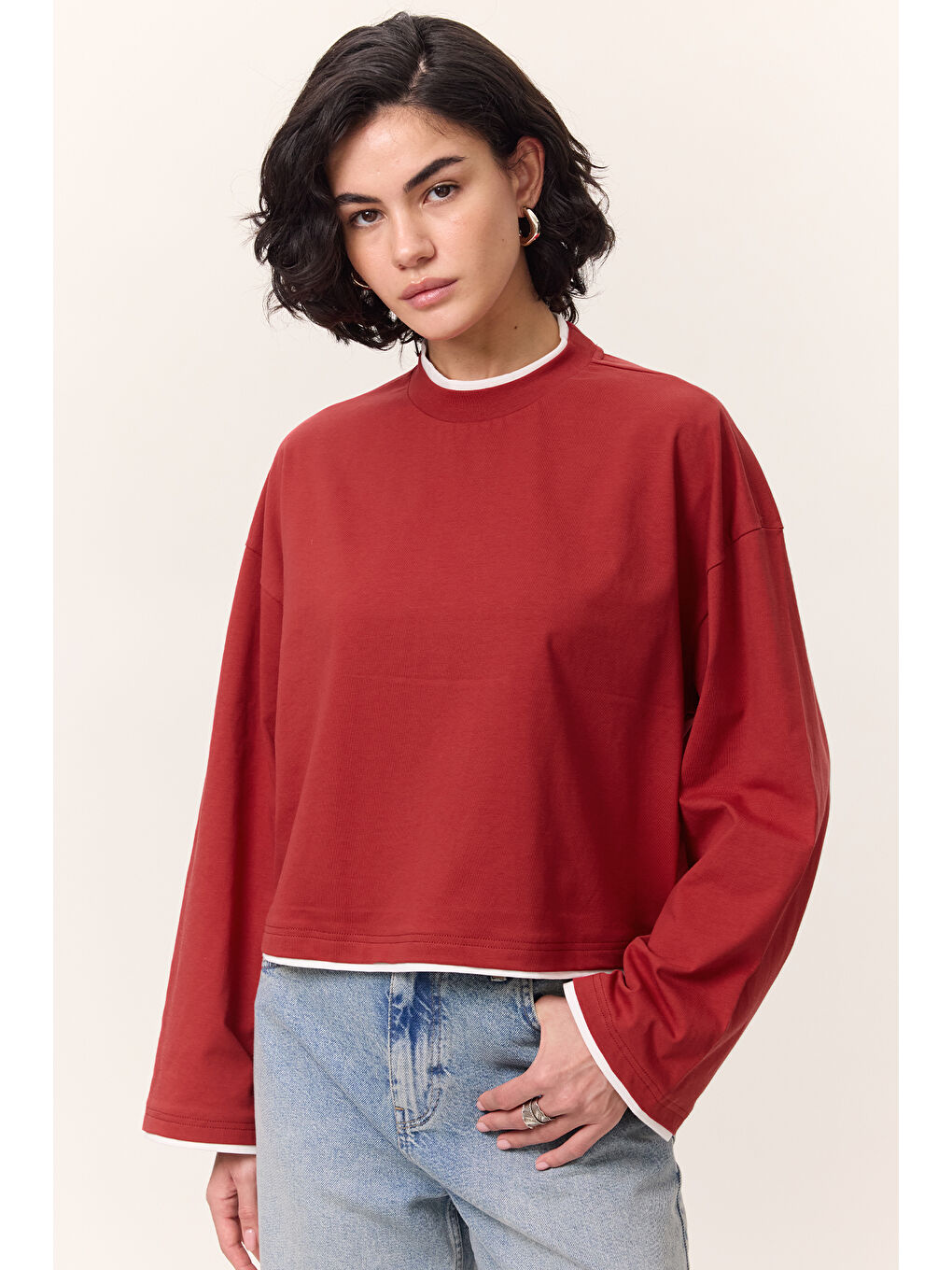 Kontrast Renkli Uzun Kollu Tshırt Kırmızı-3