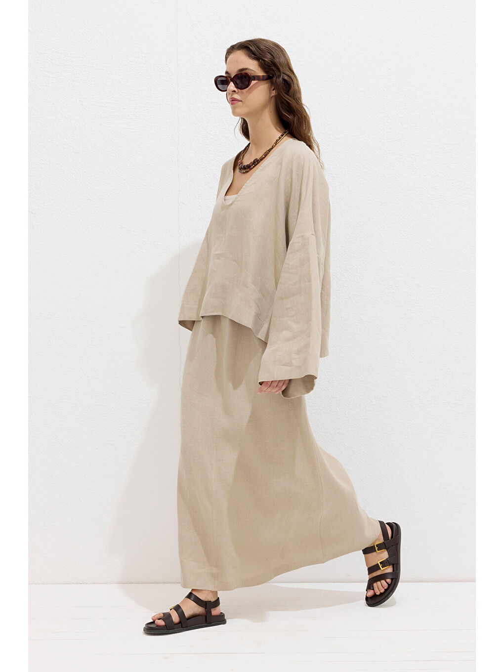 Bej Premıum V Yaka Keten Bluz Kum-2