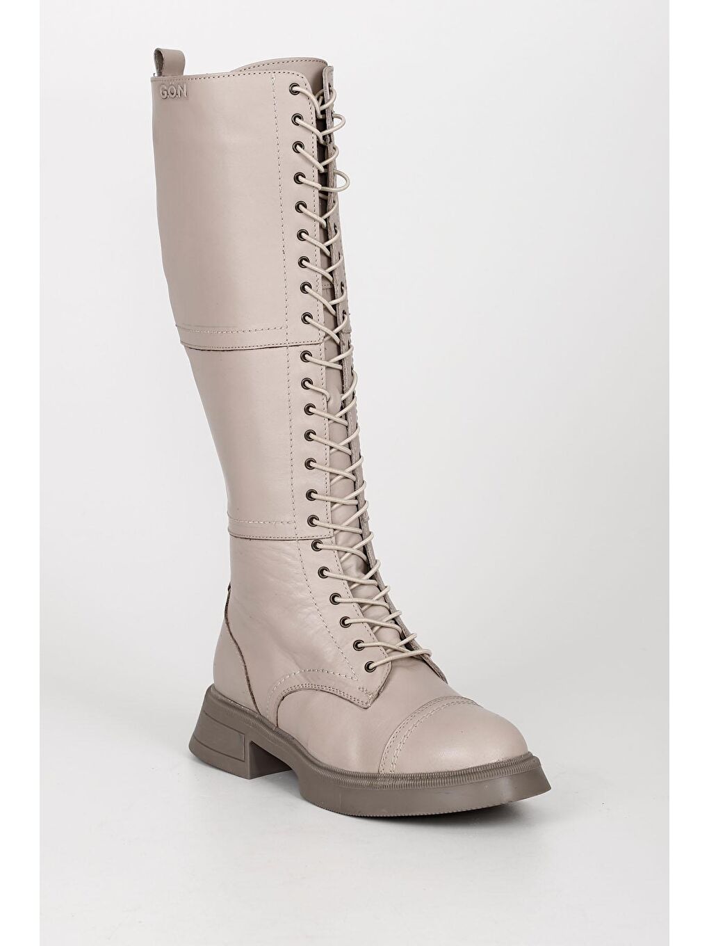 Bej Hakiki Deri Yuvarlak BurunTopuklu Bağcıklı Kadın Günlük Çizme 44597-3