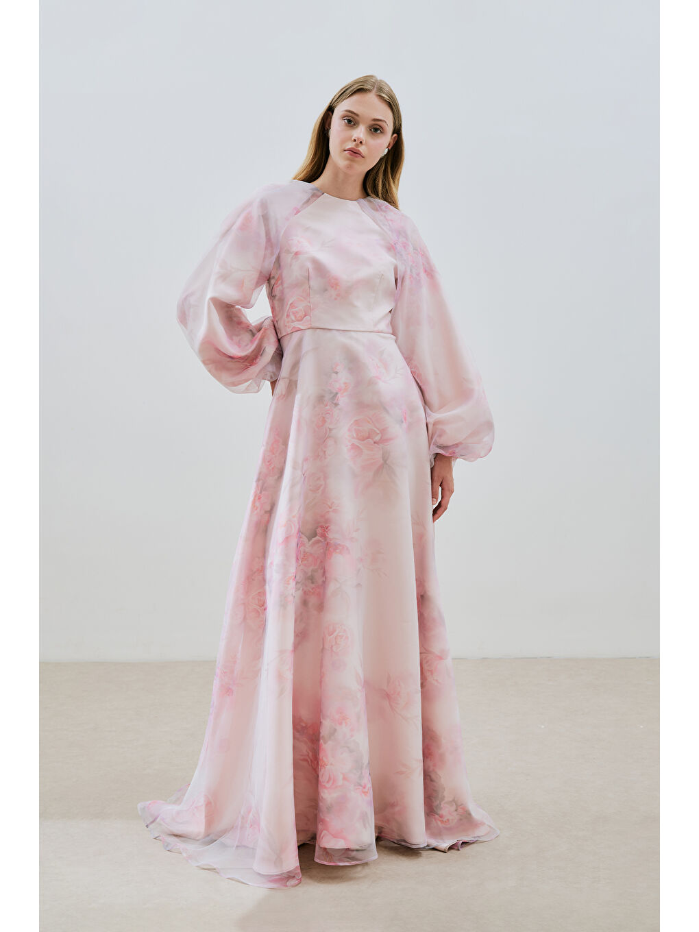 Pembe Ulla Desenli Organze Abiye Elbise Pudra-3