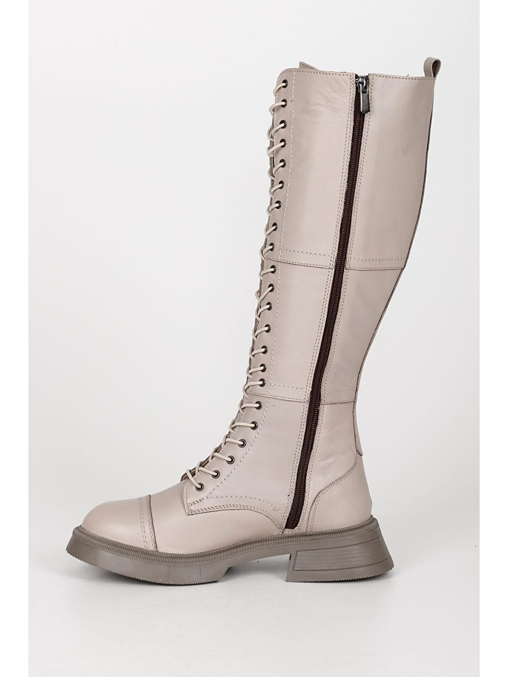 Bej Hakiki Deri Yuvarlak BurunTopuklu Bağcıklı Kadın Günlük Çizme 44597-4