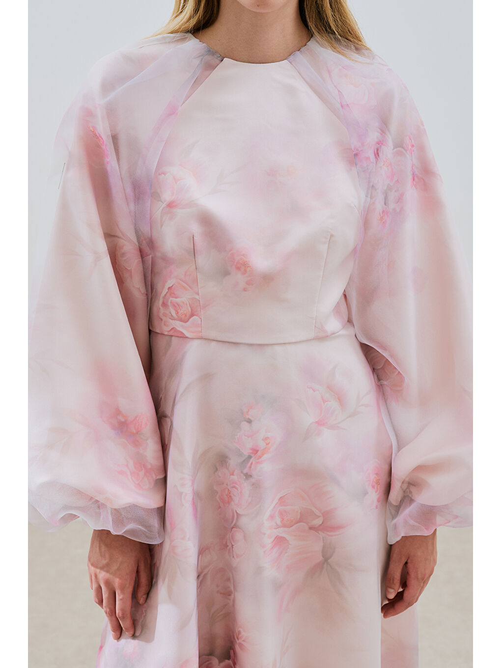 Pembe Ulla Desenli Organze Abiye Elbise Pudra-4