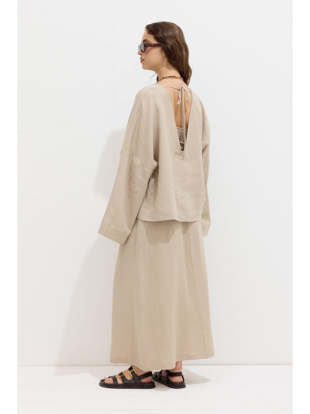 Bej Premıum V Yaka Keten Bluz Kum-5