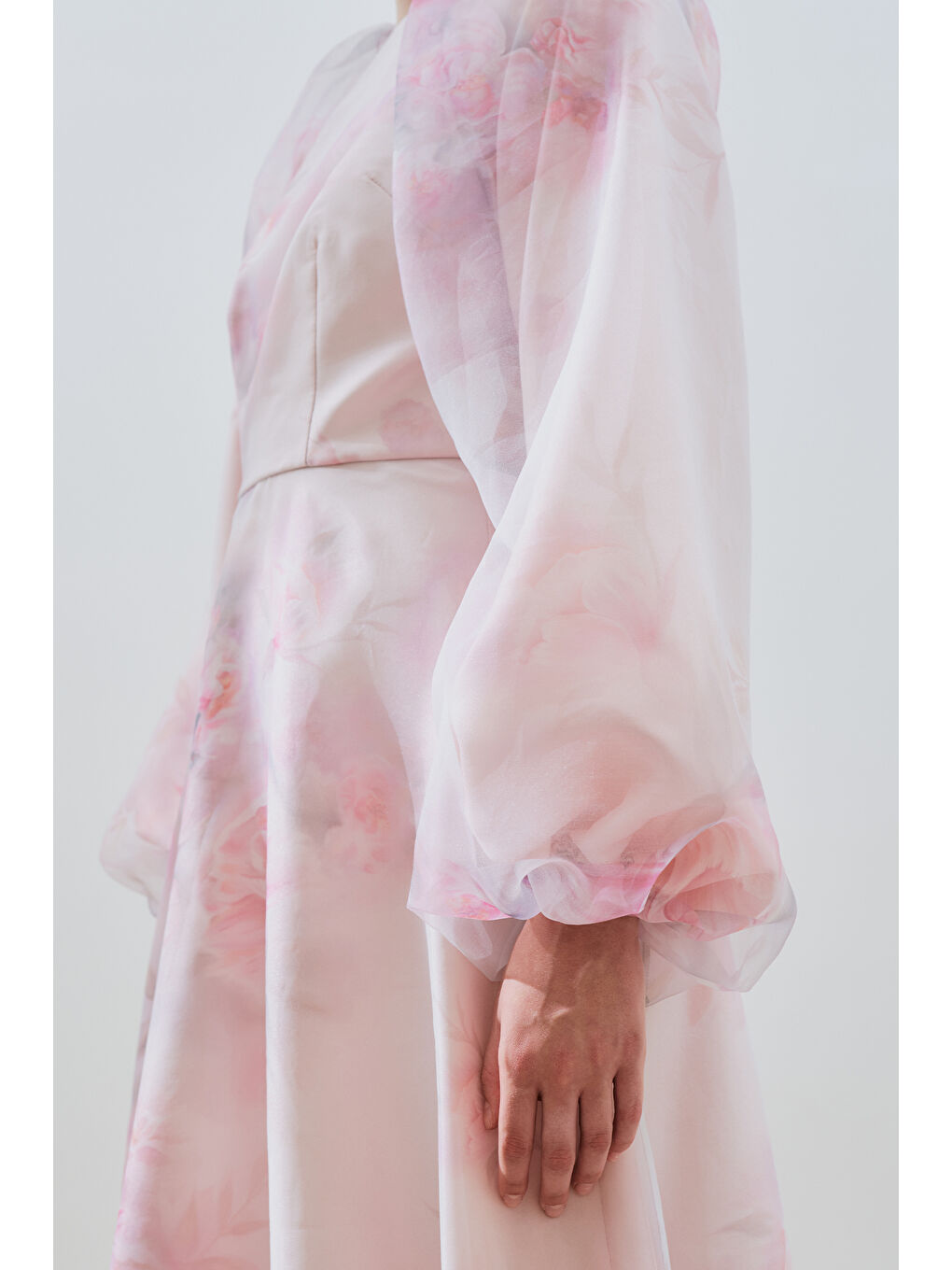 Pembe Ulla Desenli Organze Abiye Elbise Pudra-5
