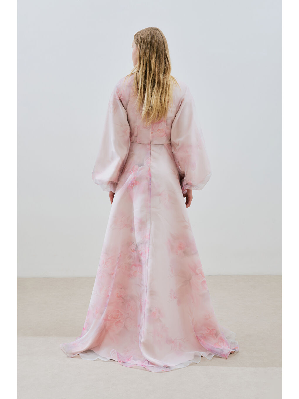 Pembe Ulla Desenli Organze Abiye Elbise Pudra-6