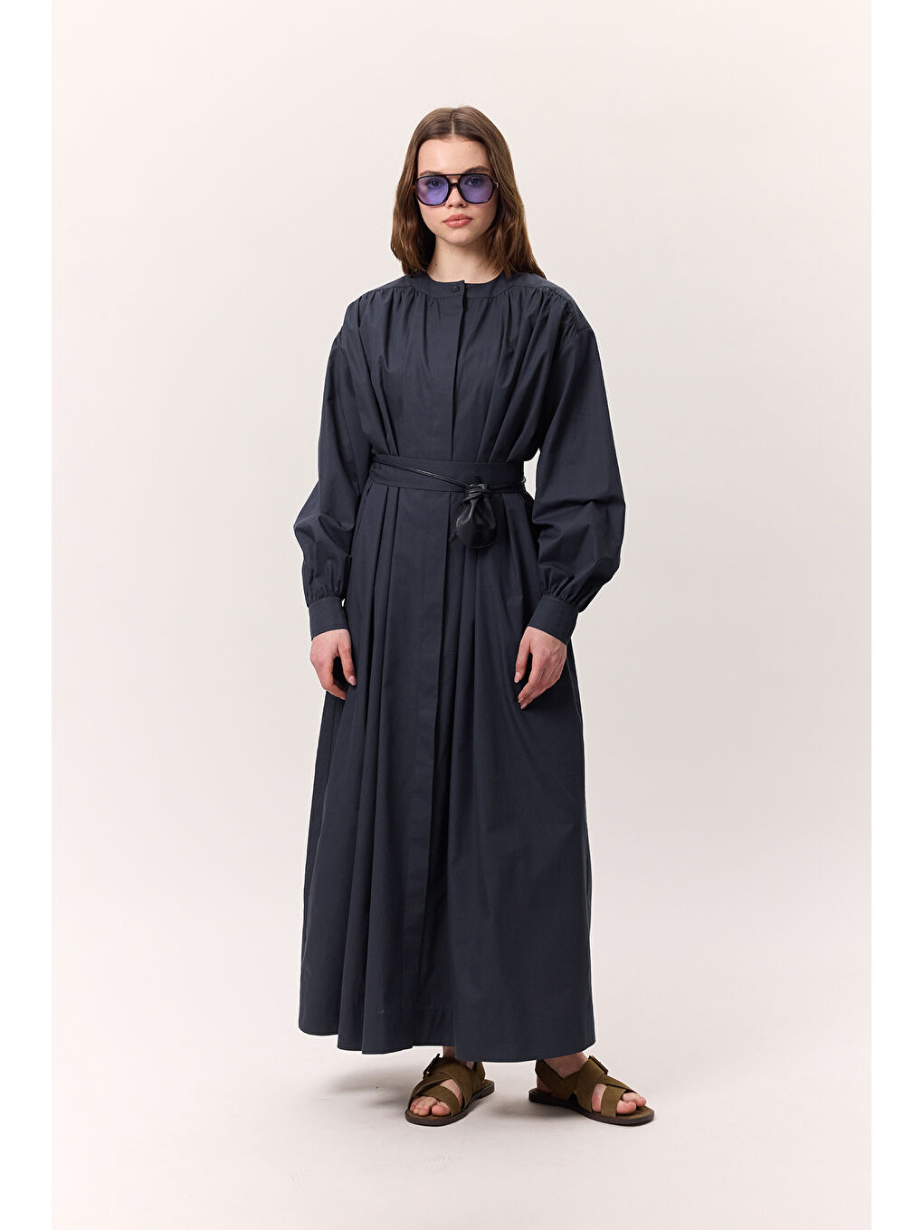 Büzgü Detaylı Geniş Gömlek Elbise Lacivert