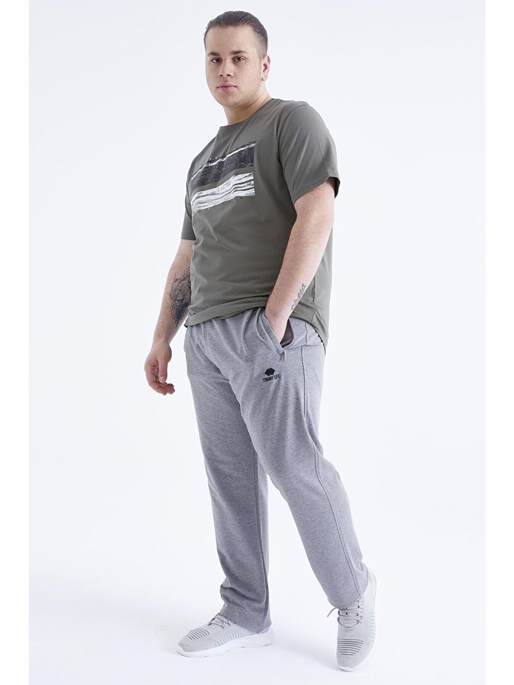 Gri Melanj Fermuar Cepli Klasik Paça Büyük Beden Erkek Eşofman Alt  - 84634-4