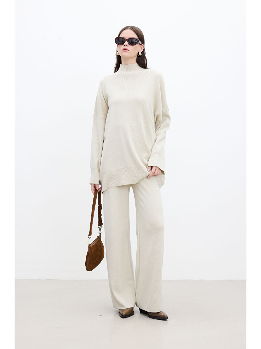 Düz Paça Triko Pantolon Bej-3